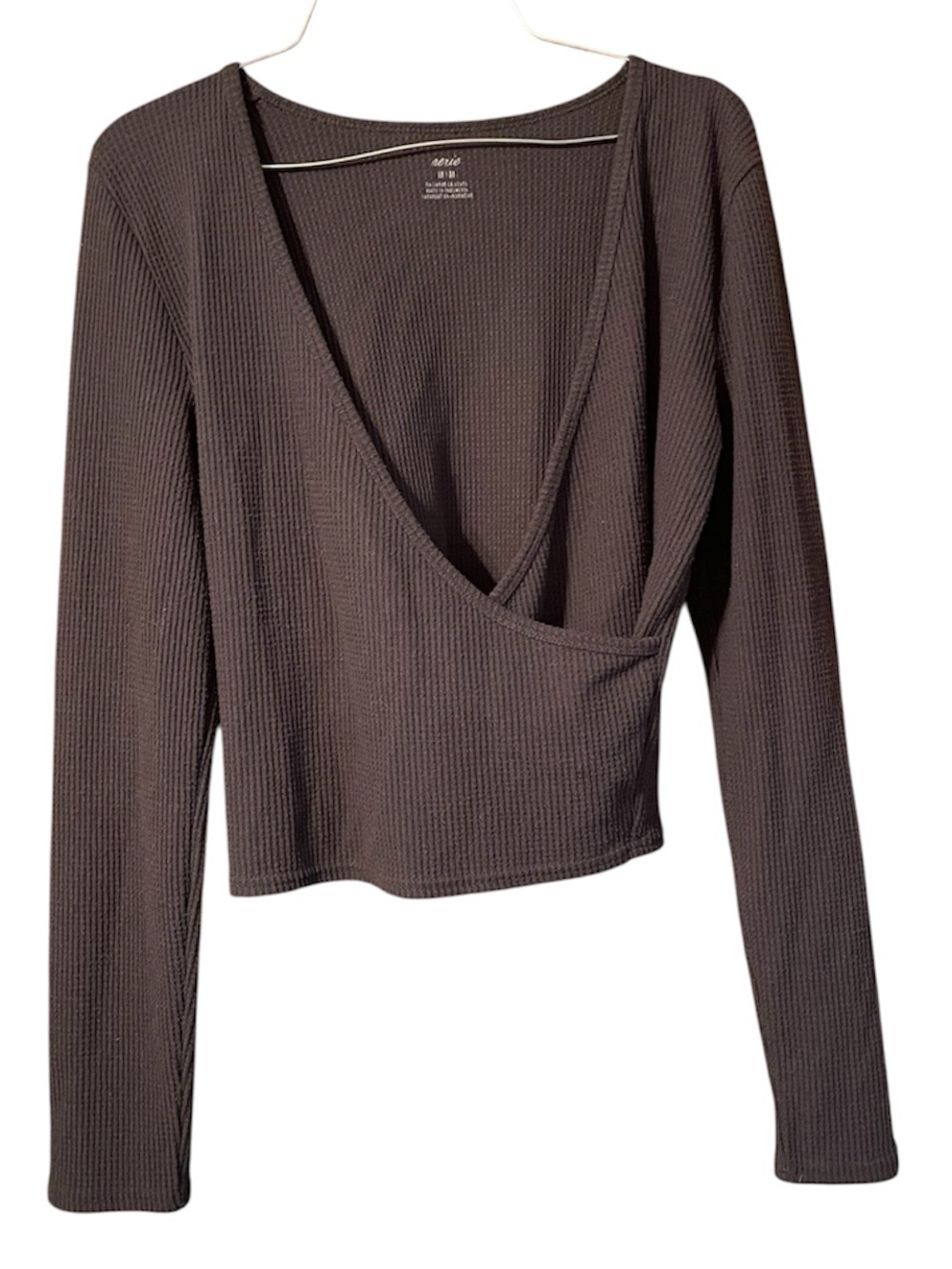 Aerie ribbed wrap-front long sleeve top - charcoal